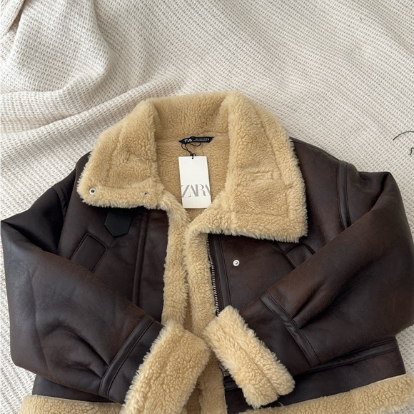 Zara Jackets & Blazers - ZARA Dark Brown Faux-Shearling Aviator Jacket with Cream Trim